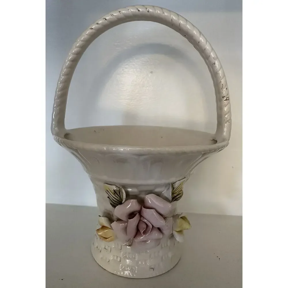 Vintage Porcelain Rose Flower Basket Italy Italian